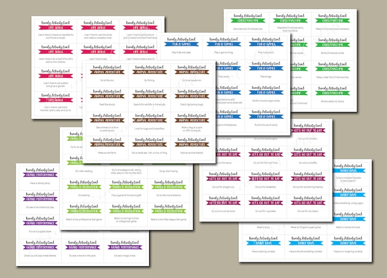 May include: A set of printable family activity cards with colorful borders and text. The cards are divided into categories such as "Life Skills", "Animal Adventures", "Fun & Games", "Let's Get Out To Eat", and "Family Time".