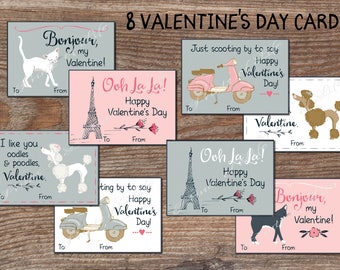 Kids Valentine cards for school. Paris Valentines Day tags for boys, girls. Instant download. Printable Valentine. DIY Valentines kids. kvc