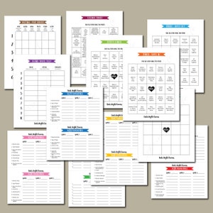 May include: A set of printable date night game cards with various themes, including "Tasting Five Senses", "Blind Taste Test", "Kissing Bingo", "Sports Bingo", "Bingo Date", "Enco-Date Cut", and "Scattergories". The cards are designed with colorful borders and include blank spaces for players to fill in.