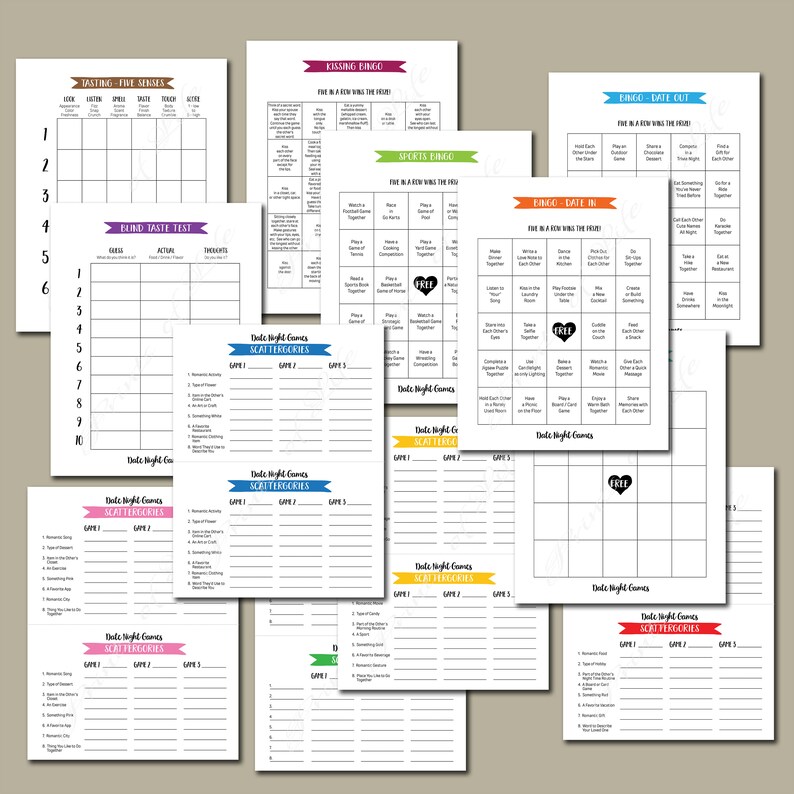May include: A set of printable date night game cards with various themes, including "Tasting Five Senses", "Blind Taste Test", "Kissing Bingo", "Sports Bingo", "Bingo Date", "Enco-Date Cut", and "Scattergories". The cards are designed with colorful borders and include blank spaces for players to fill in.