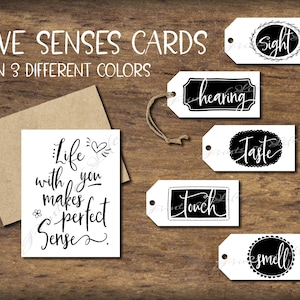 5 Senses Gift Tags & Card. Instant download printable. Five Mens Valentines day gift For him her husband wife boyfriend. Christmas Birthday.