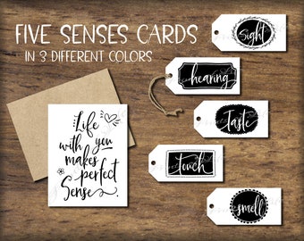 5 Senses Gift Tags & Card. Instant download printable. Five Mens Valentines day gift For him her husband wife boyfriend. Christmas Birthday.