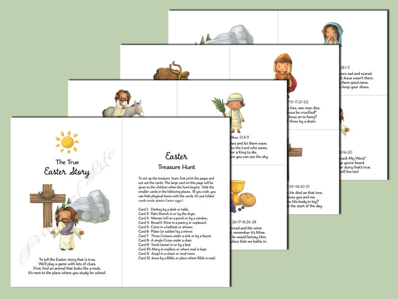 Puede incluir: Un conjunto de tarjetas ilustradas con tem&aacute;tica de Pascua. Las tarjetas presentan im&aacute;genes de Jes&uacute;s, un burro y otros s&iacute;mbolos religiosos. El texto incluye "The True Easter Story" y "Easter Treasure Hunt".