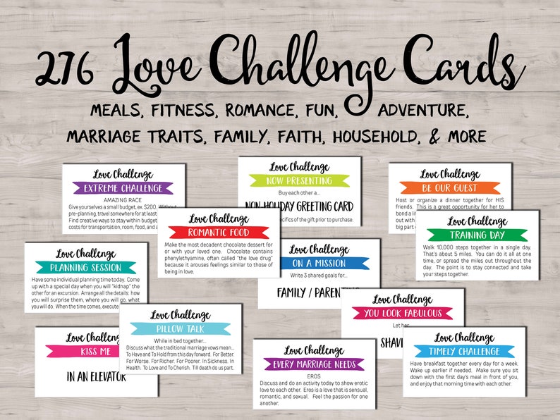 Love Challenge cards. Instant download printable. Dating wedding marriage Date night idea jar. Valentine love dare coupons Husband Wife gift image 1
