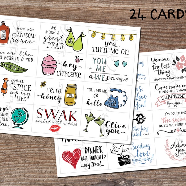 Love notes for spouse. Lunchbox cards. Instant download printable PDF. 24 business card size notes for spouse, boyfriend, girlfriend.