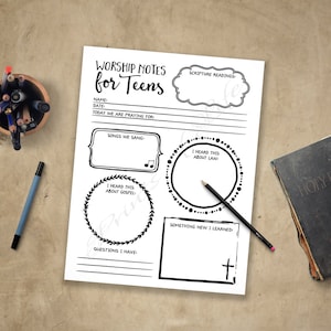 May include: Printable worksheet for teens to take notes during a worship service. The worksheet includes sections for scripture readings, songs, what they learned about God, the gospel, and questions they have.
