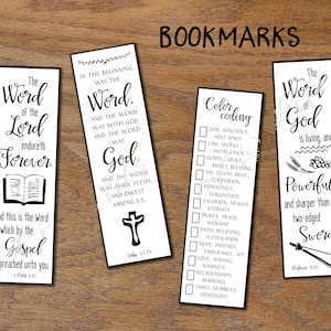May include: Four black and white bookmarks with religious quotes and illustrations. The bookmarks feature quotes from the Bible, including "The Word of the Lord endureth forever", "The Word of God is living and powerful", and "In the beginning was the Word". One bookmark has a checklist for color coding Bible verses.