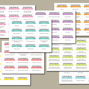 May include: A set of colorful printable family activity cards with various themes, including "Acts of Kindness", "Household Chores", "Water Fun", "Game Experiences", and "Homemade Projects".