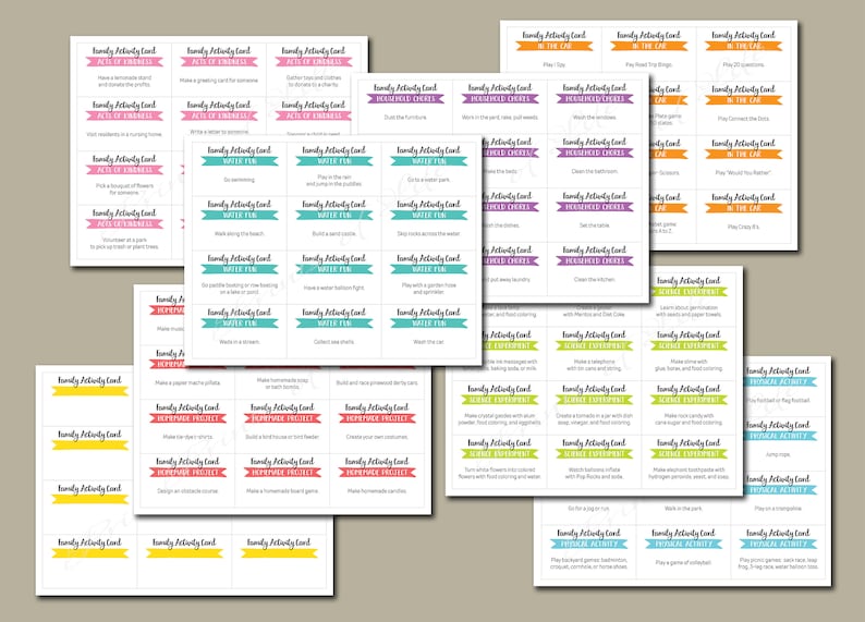 May include: A set of colorful printable family activity cards with various themes, including "Acts of Kindness", "Household Chores", "Water Fun", "Game Experiences", and "Homemade Projects".