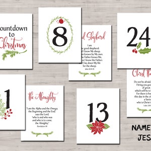 Names of Jesus. Advent Calendar cards. Instant download printable. Traditional Christian Christmas. Greenery print. Scripture. Bible verse.