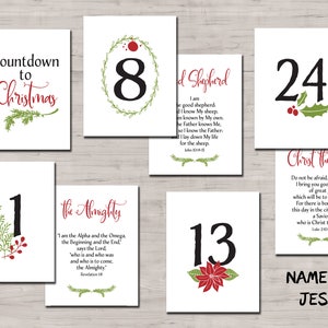Namen von Jesus. Adventskalender Karten. Sofortiger Download zum Ausdrucken. Traditionelle christliche Weihnachten. Grüner Druck. Schrift. Bibelvers.
