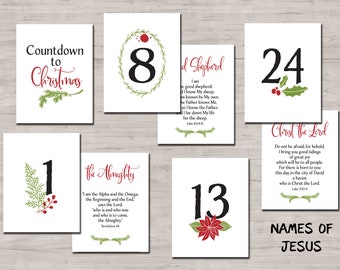 Names of Jesus. Advent Calendar cards. Instant download printable. Traditional Christian Christmas. Greenery print. Scripture. Bible verse.