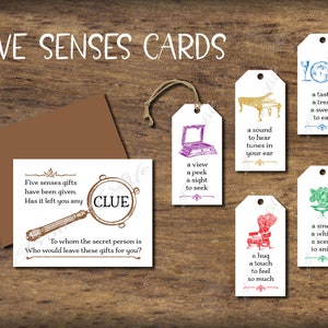 Cartes et étiquettes cadeaux Five Senses. Échange de personne secrète. Téléchargement instantané imprimable. 5 Cadeau de Noël : ami, voisin, équipe de travail.