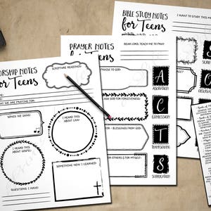 May include: Black and white printable notes for teens to use during worship, prayer, and bible study. The notes include sections for scripture reading, songs, prayers, and reflections.