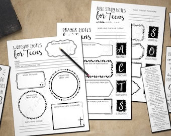 Bible Study Set for Teens. Worship, Prayer Notes. Bookmarks. Instant download printable. Sermon. Planner. Kit. Boys, girls, youth, kids.