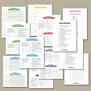 May include: A set of printable date night game cards with colorful borders and titles. The games include "Golf Scorecard", "Silly Putty", "Crazy 8s", "Bowling Scorecard", "Rendezvous", "Passport to Love", "Scavenger Hunt: Photo", "Scavenger Hunt: Clues".