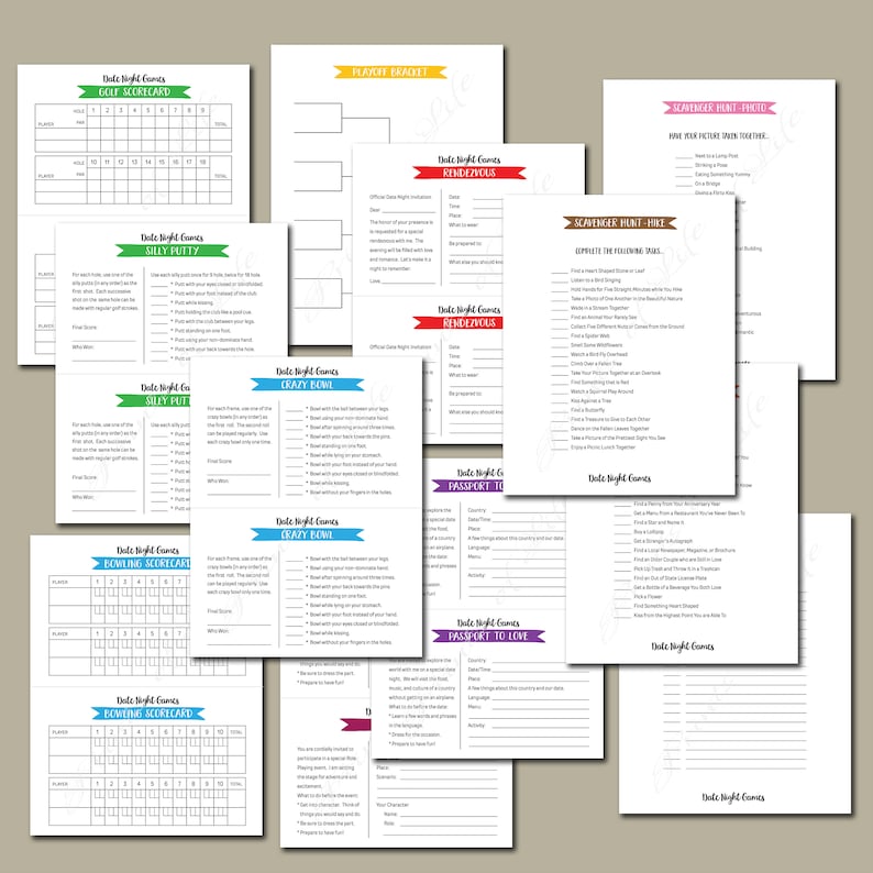 May include: A set of printable date night game cards with colorful borders and titles. The games include "Golf Scorecard", "Silly Putty", "Crazy 8s", "Bowling Scorecard", "Rendezvous", "Passport to Love", "Scavenger Hunt: Photo", "Scavenger Hunt: Clues".