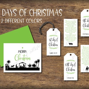 12 Days of Christmas Gift Tags & Cards. Scripture Bible verse. Nativity. Instant download printable. Christian presents. Holiday bag labels.