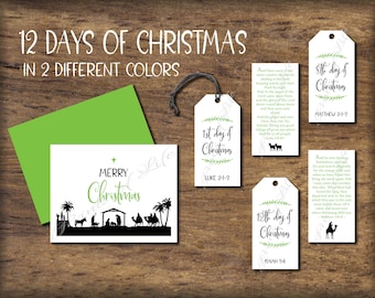 Etiquetas y tarjetas de regalo para los 12 días de Navidad. Versículo bíblico. Natividad. Descarga instantánea para imprimir. Regalos cristianos. Etiquetas para bolsas navideñas.