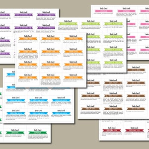 May include: A set of printable date night cards with various activities and ideas. The cards are colorfully designed with different themes, such as "Giving Back", "Get a Way", "Christmas", and "Spring".
