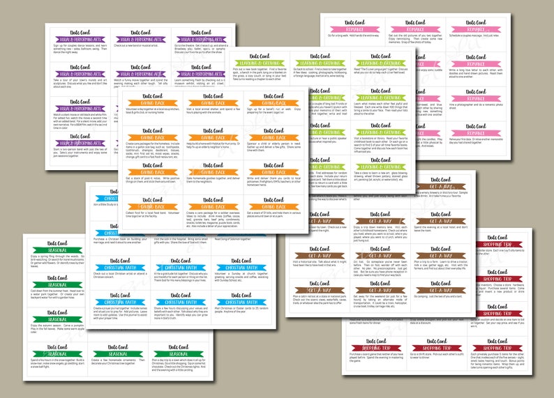 May include: A set of printable date night cards with various activities and ideas. The cards are colorfully designed with different themes, such as "Giving Back", "Get a Way", "Christmas", and "Spring".