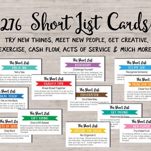 276 tarjetas de lista corta de ideas. Nuevos lugares. Nuevas cosas. Metas. Sueños. Logros. Actividades. Plan de vida. Experiencias. Descarga instantánea e imprimible.
