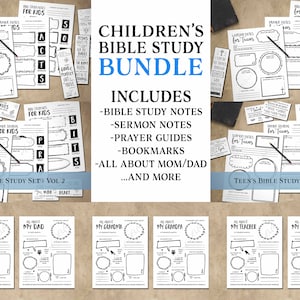 Bible Study Bundle for Children. Instant download printable. Worship, Sermon, Prayer Notes. Bookmarks. For boys, girls, youth, teens, kids.