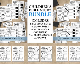 Bible Study Bundle for Children. Instant download printable. Worship, Sermon, Prayer Notes. Bookmarks. For boys, girls, youth, teens, kids.