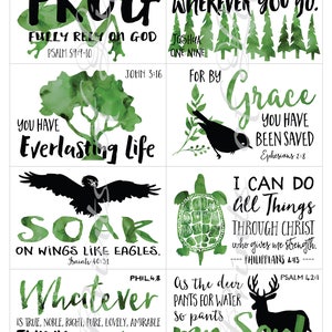 May include: A set of inspirational art prints with watercolour illustrations and text. The prints feature a frog, trees, a bird, a turtle, an eagle, and a deer, along with Bible verses and motivational phrases in green and black.