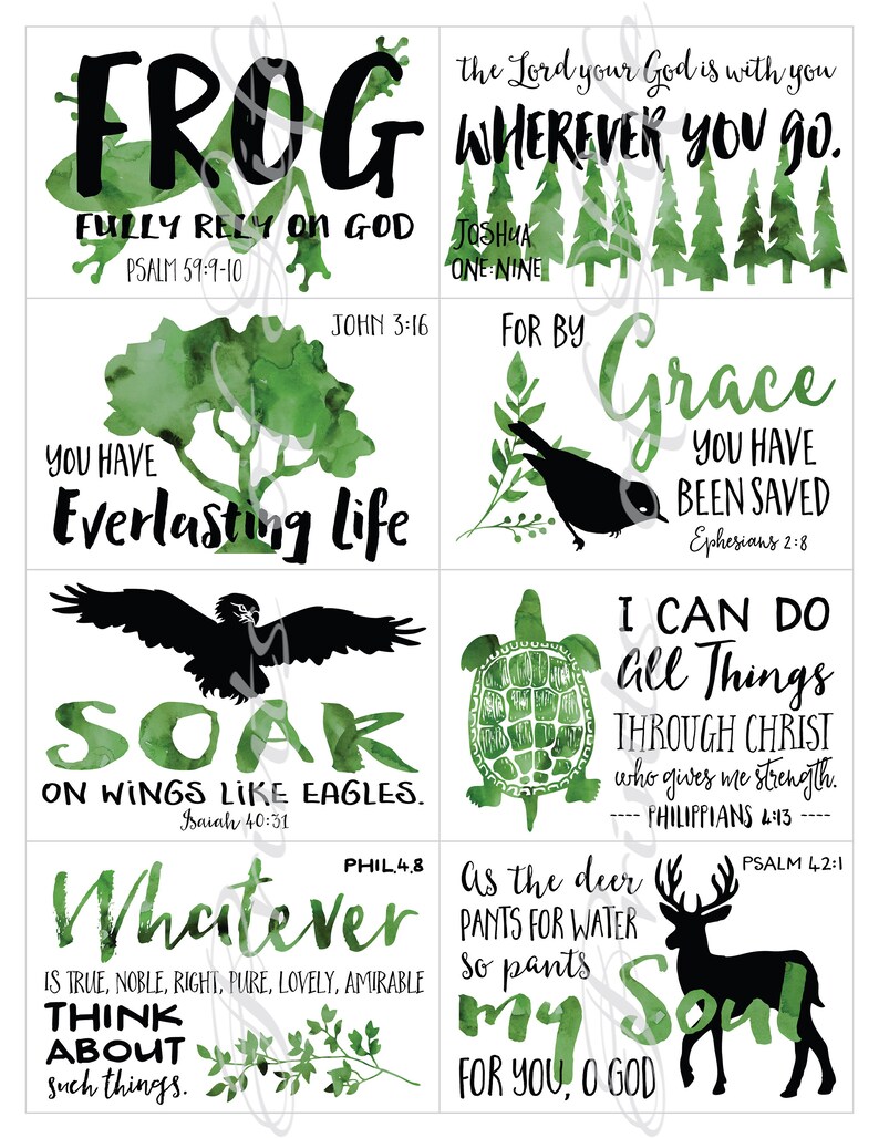 May include: A set of inspirational art prints with watercolour illustrations and text. The prints feature a frog, trees, a bird, a turtle, an eagle, and a deer, along with Bible verses and motivational phrases in green and black.