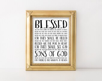 Christian print. Beatitudes. Blessed. Matthew 5:3-10. Instant download printable. Wall art. Home decor. Subway art poster. Bible verse.