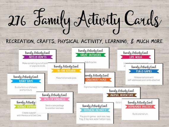276 Family Activity Idea cards. Instant download printable. Fun games. Arts crafts. Life Skills. Adventure. Discovery. Christmas. Rainy Day.