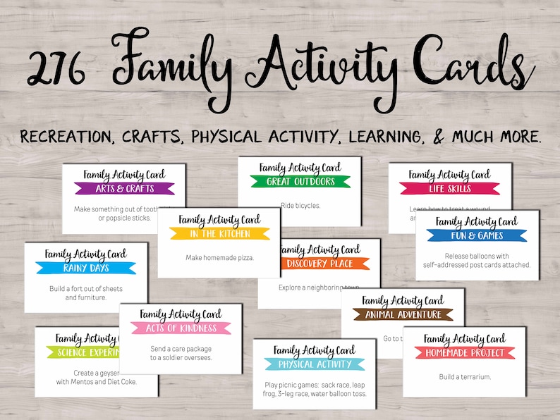 May include: A set of 276 colorful family activity cards with different themes, including arts and crafts, rainy days, science experiments, cooking, acts of kindness, great outdoors, discovery place, physical activity, life skills, fun and games, animal adventure, and homemade projects.