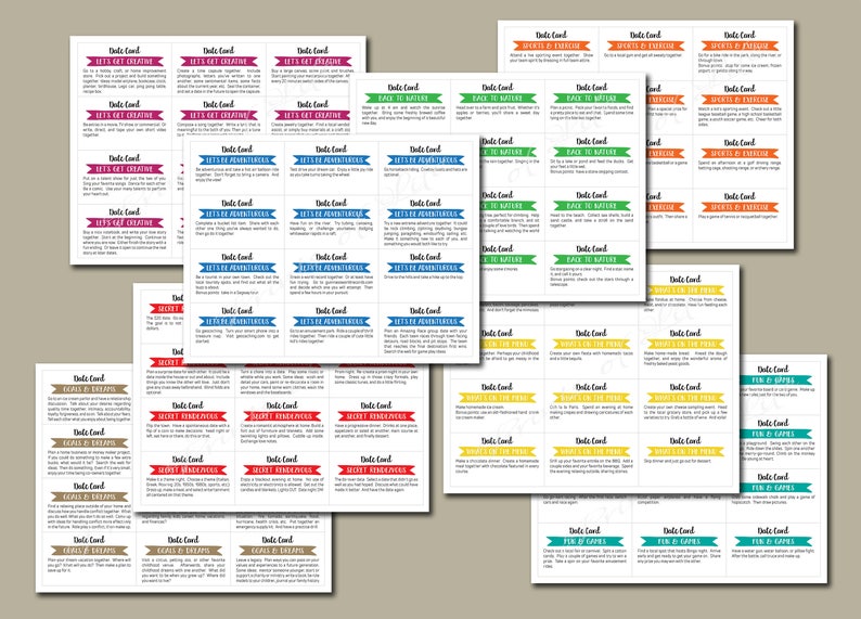 May include: A set of colorful cards with different prompts for date ideas. The cards are divided into categories such as "Let's Get Creative", "Let's Be Adventurous", "Back to Nature", "Sports & Energy", "Games & Fun", "Secret Rendezvous", "Goals & Growth", "Couple's Challenge", and "Just Us Together".