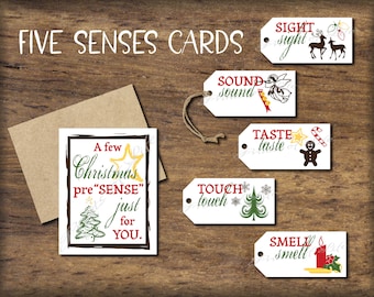 Cartes et étiquettes cadeaux Five Senses. Téléchargement instantané imprimable. Cadeau de Noël 5 sens pour lui, elle, mari, femme, enfant, parent. Traditionnel.