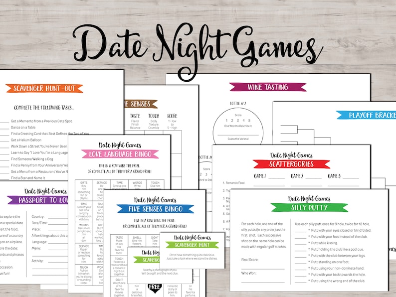 May include: A collection of printable date night games with titles like "Love Language Bingo", "Five Senses Bingo", "Scavenger Hunt", "Scattergories", "Silly Putty", and "Wine Tasting".
