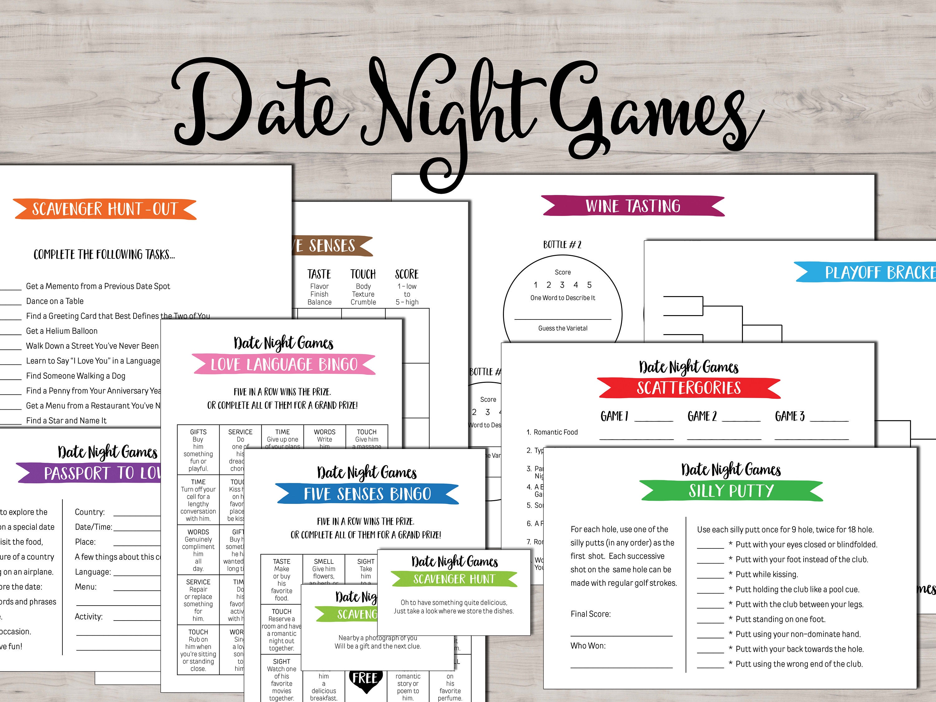 Date Night Game. Instant Download Printable. Date Night Idea Cards. Couples  Game Sheets. Scattergories Tastings Golf Bowling Scavenger Hunt 