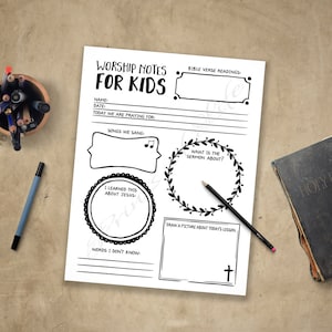 Notas de Adoración para Niños. PDF imprimible. Descarga instantánea. Notas de Sermones: niños, niñas, jóvenes y adolescentes. Diario de la iglesia. Planificador de guía de estudio bíblico.