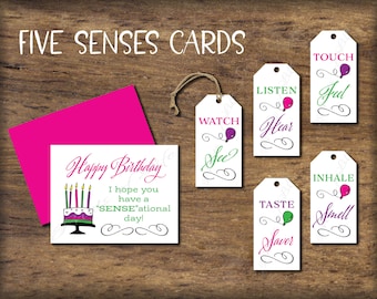 Five Senses Gift Tags & Birthday Card. Instant download printable. 5 Senses Gift for her wife child kid parent friend girl daughter mom.