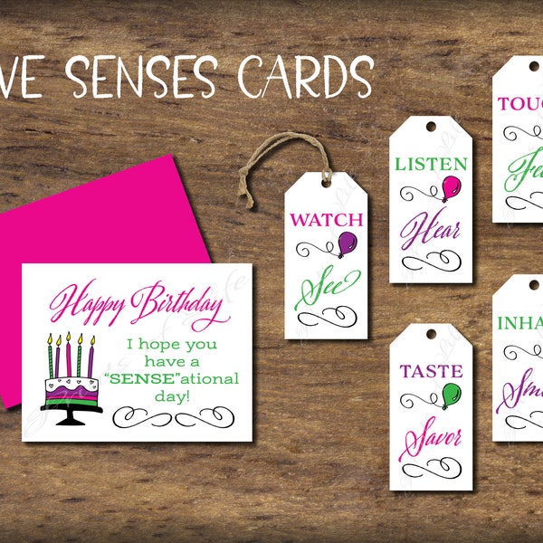 Five Senses Gift Tags & Birthday Card. Instant download printable. 5 Senses Gift for her wife child kid parent friend girl daughter mom.