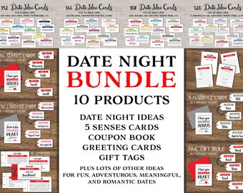 Date Night Idea Bundle. Instant download printable. 5 Senses Gift Tags. Coupon book. Date box couple. Wedding. Valentines day gift for him.