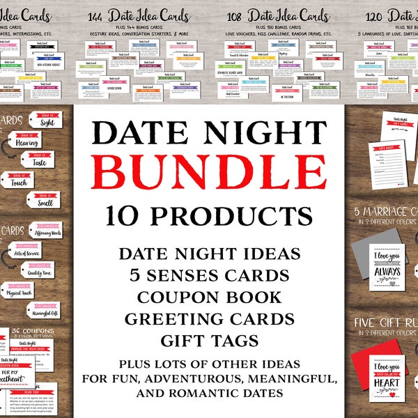 Date Night Idea Bundle. Instant download printable. 5 Senses Gift Tags. Coupon book. Date box couple. Wedding. Valentines day gift for him.