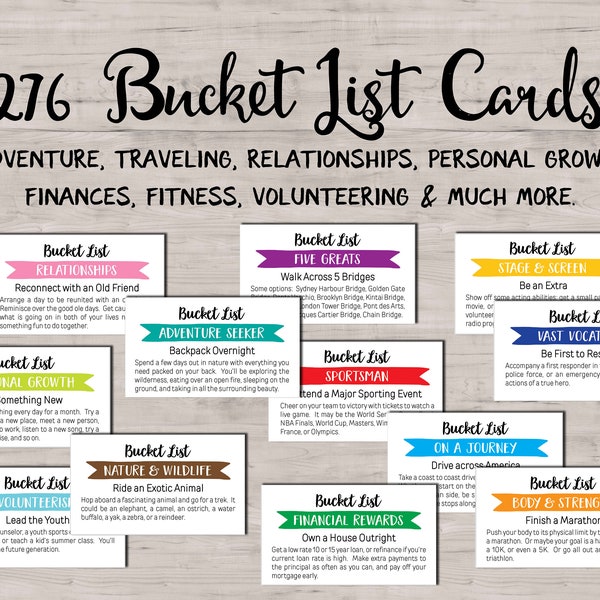 276 Bucket List Idea cards. Goals. Dream. Achievement. Things to Do. Lifetime Activities. Life Plan. Experiences. Instant download printable