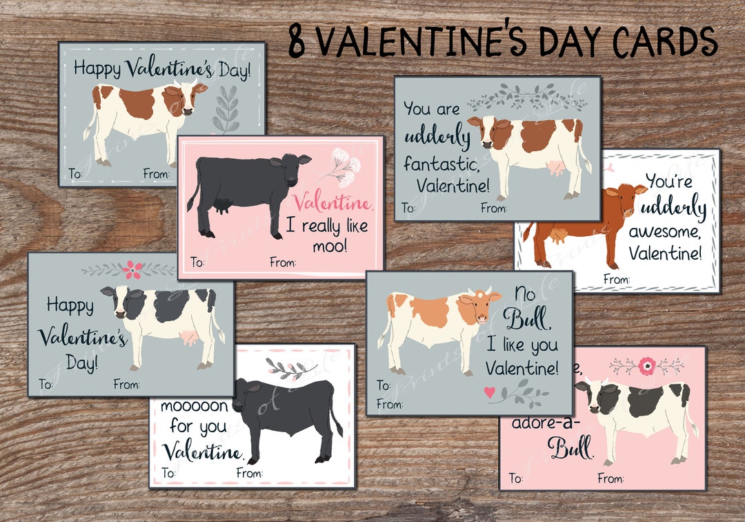 Kids Valentine Cards for School. Cute Cow Valentines Day Tags