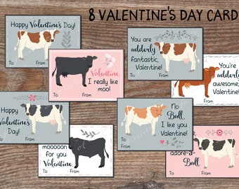 Kids Valentine cards for school. Cute cow Valentines Day tags for boys, girls. Instant download. Printable Valentine. Valentines kids. kvc