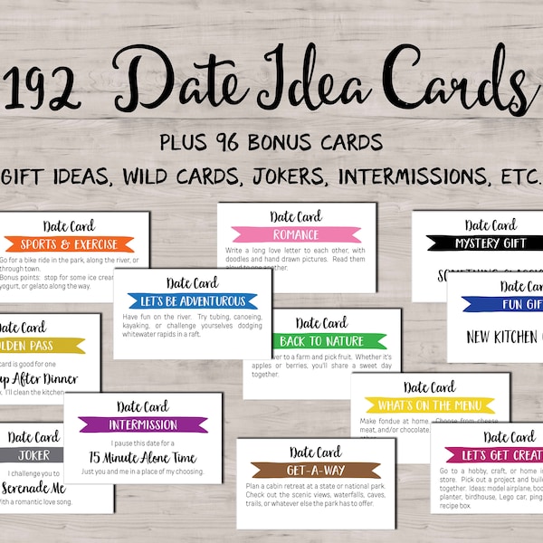 192 Date Night Idea cards. Instant download printable. Fun Romantic. Love coupon book. Date box jar Wedding. Valentines day gift for him.