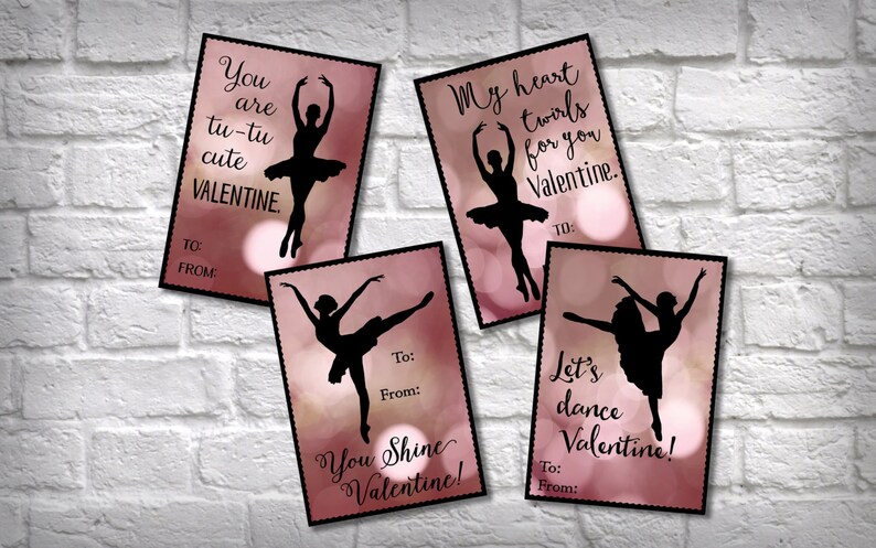 Ballerina Valentine's Day cards. For girls, teens, kids. Instant download printable dance cards. Classroom valentines. School valentine. kvc image 1