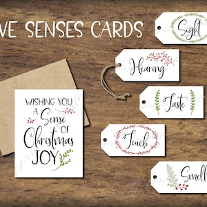 Étiquettes-cadeaux et carte Five Senses. Téléchargement instantané imprimable. Traditionnel. Cadeau de Noël 5 sens pour lui, elle, mari, femme, enfant, parent.