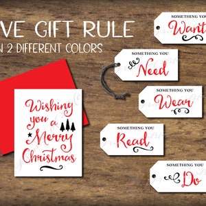 Christmas Tags & Card. 5 or 4 Gift Rule. Five Four presents. Instant download printable. Him her child kid parent friend husband wife spouse