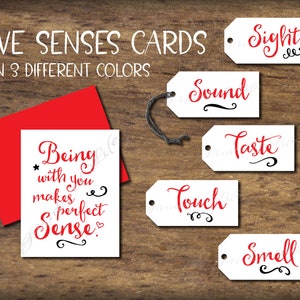 Étiquettes-cadeaux et carte Five Senses. 5 sens Téléchargement instantané imprimable. Cadeau de nuit de date pour lui sa femme de mari. L'amour de la Saint-Valentin. Noël.